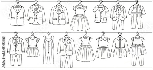 A black and white sketch displays two rows of children's outfits hanging on racks