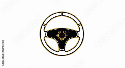 A black and gold steering wheel icon against a white background