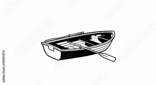 A black and white illustration of a rowboat with oars on a white background