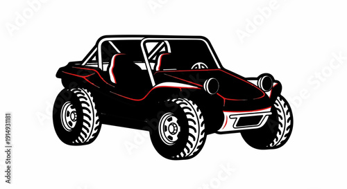 A black and red dune buggy with large tires on a white background