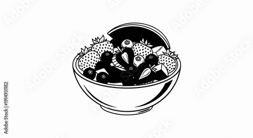 A black and white illustration of a bowl overflowing with strawberries and blueberries
