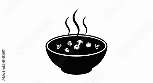 A black and white illustration of a bowl of steaming soup with cubed ingredients and mushrooms
