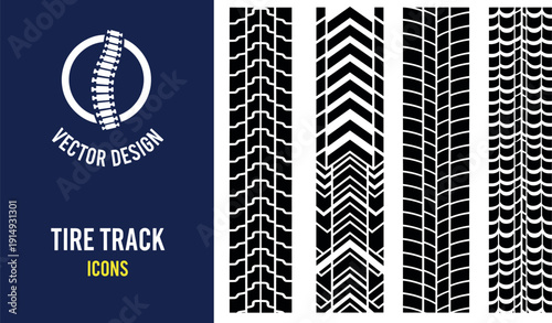 Set of detailed tire track icons with different tread patterns, rubber skid marks, off-road and car tire vector illustrations on dark background