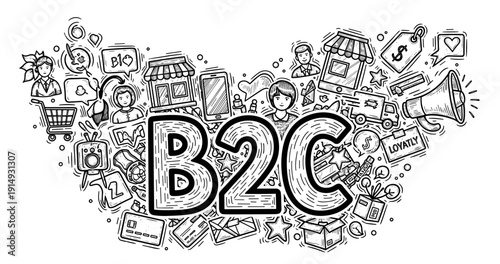 B2c concept with doodle icons of online shopping and marketing elements