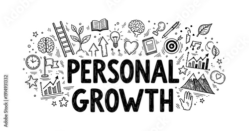 Artistic elements illustrating personal growth and development in doodle style