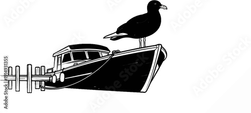 A black and white illustration of a boat docked with a seagull perched on its bow
