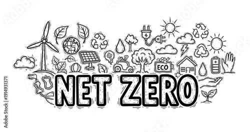 Net zero concept with renewable energy and eco-friendly icons