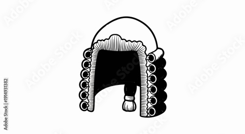 A black and white drawing of a barrister's wig with curls