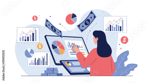 Financial analyst monitoring market trends and profit growth using a digital dashboard with interactive charts and graphs.