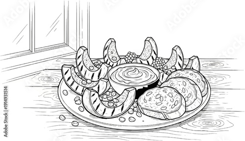 A black and white drawing of a fruit platter with dip and bread