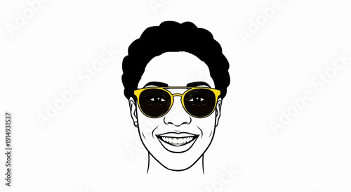 A black and white illustration of a smiling person with yellow sunglasses