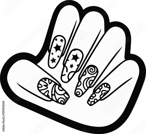 A black and white drawing of a hand with decorated fingernails