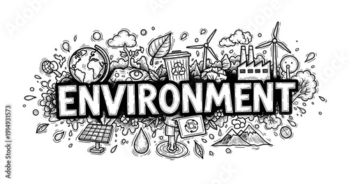 Doodle art depicting environmental conservation with nature and renewable energy