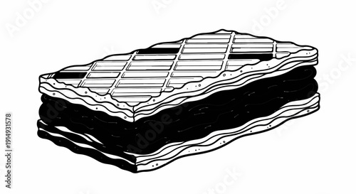 A black and white drawing of a layered chocolate wafer cookie