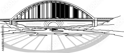 A black and white line drawing of a large arched bridge spanning a river