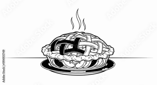 A black and white drawing of a steaming apple pie with a lattice crust