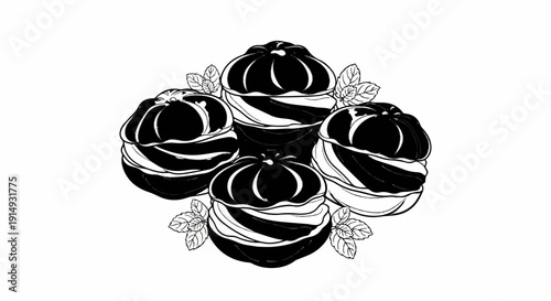 A black and white drawing of four creamy pastries decorated with mint leaves