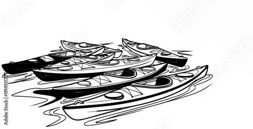 A black and white drawing of multiple kayaks floating on water
