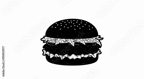 A black and white illustration of a stacked burger with lettuce and tomato