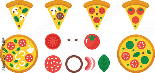 Pizza Slice and Whole Pie Outline Icon Set  Italian Cuisine Collection