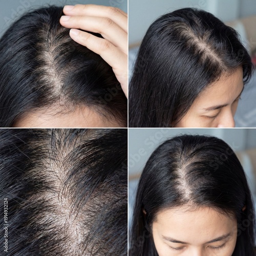 Close-up of woman's scalp showing hair loss, thinning hair, and widening part for trichology and dermatology concepts