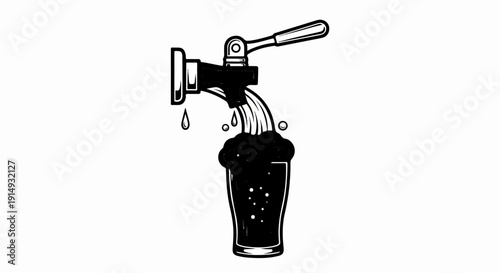 A black and white illustration of a tap pouring dark, bubbly liquid into a glass