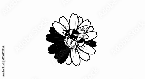 A black and white illustration of a bee collecting nectar from a flower with dark and light petals