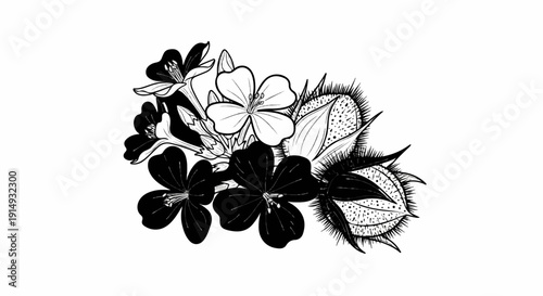 A black and white illustration depicts a cluster of delicate flowers and spiky seed pods