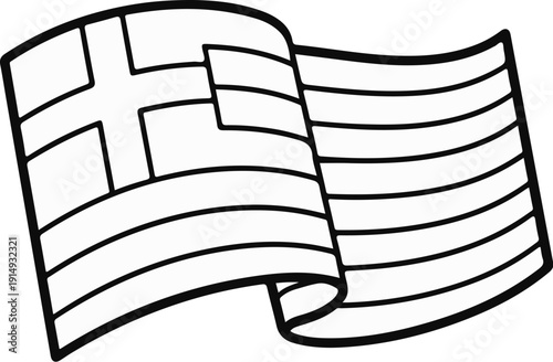 A black and white illustration of a waving flag with stripes and a canton