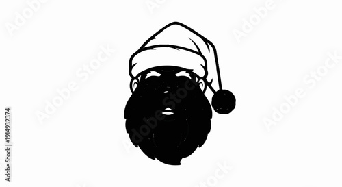 A black and white graphic of Santa's face with a cap