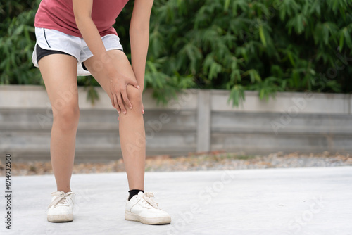 Fotografie Woman athlete or spot woman having knee injury due to ligament inflammation, kne