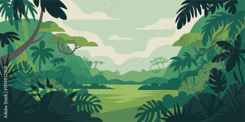Flat vector panorama of a lush jungle valley with layered tropical foliage, emerald hills, and soft clouds, styled as vintage travel art with muted earthy tones.