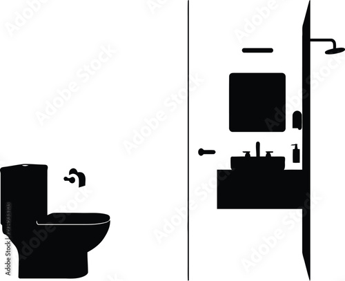 Bathroom fixtures including a toilet presented in a stark black silhouette
