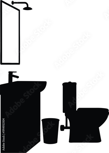Bathroom fixtures including a toilet sink and shower depicted as a silhouette