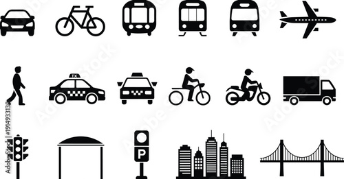 Transportation and city mobility icon set featuring car bicycle train bus airplane taxi pedestrian motorcycle truck traffic skyline bridge urban