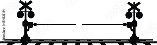 Fotografi Railway crossing signal depicted in stark black against a white background silho