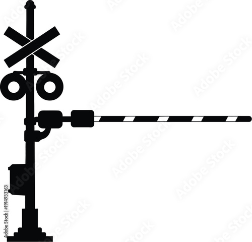 Bild auf Leinwand Railway crossing signal with barrier stark black and white silhouette