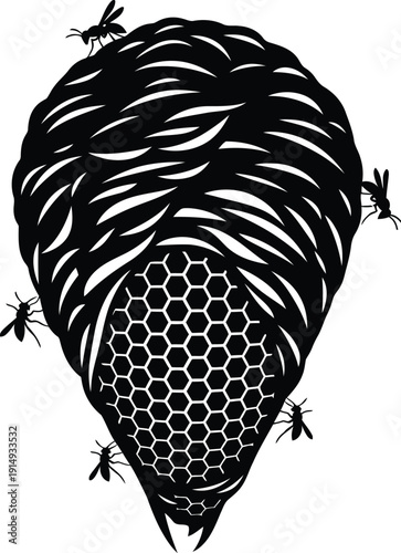 Wasps swarm around a hanging paper nest showing the hexagonal honeycomb.