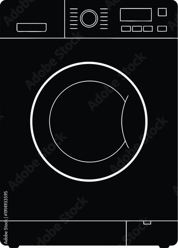 A black silhouette of a front loading washing machine against a white background silhouette