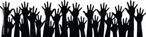 Black silhouette of many hands raised up, crowd of people, community, teamwork, unity, protest, cad drawing flat vector illustration, isolated.