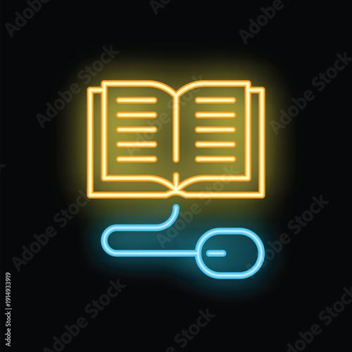 Neon sign depicting an open book connected by a wire to a computer mouse, symbolizing online learning and digital knowledge resources