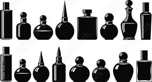 Black perfume bottle silhouettes set, elegant cosmetic glass jars, luxury fragrance spray containers, beauty product packaging icons, essential oil vials, vector.