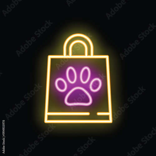 Glowing neon line shopping bag with paw print icon isolated on black background. Pet shop neon sign. Vector illustration