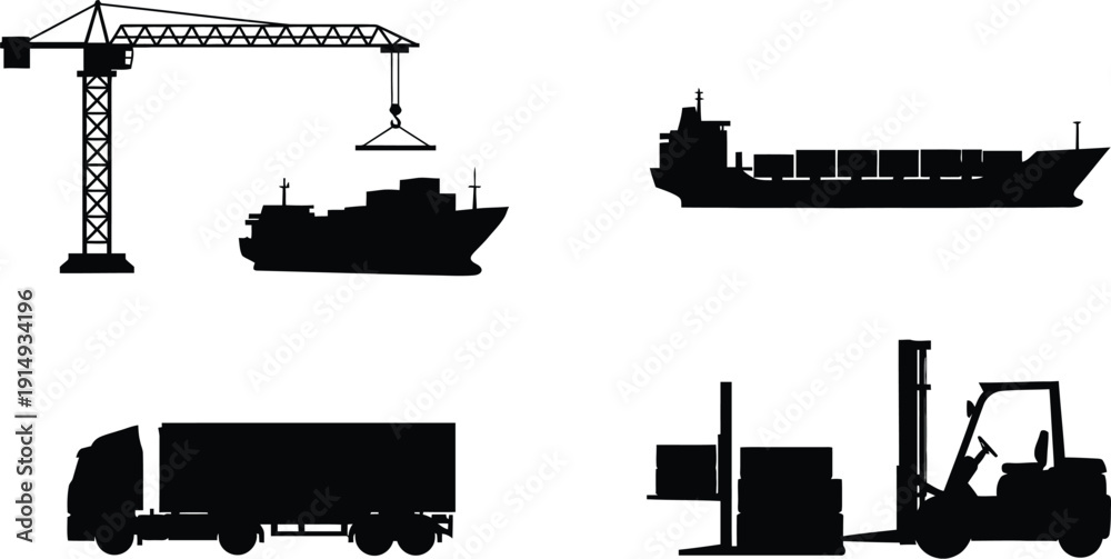 Obraz premium Construction crane cargo ship and truck in a dramatic black silhouette