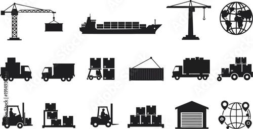 Industrial shipping and transport icons depicted as a bold silhouette