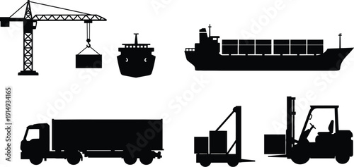 Construction scene with crane ship and truck depicted as a silhouette
