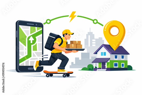 Express Delivery Service Vector Illustration. Fast Courier on Skateboard Delivers E-commerce Packages Guided by Mobile GPS Navigation App.