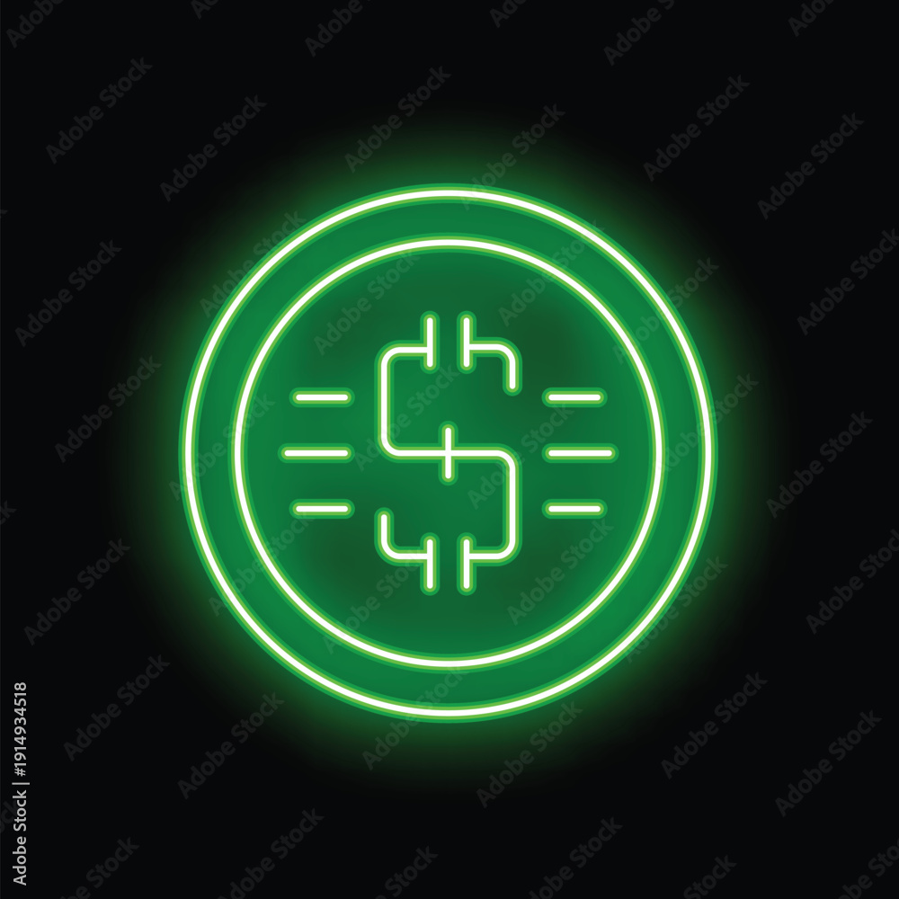 Obraz premium Green neon sign showing a dollar coin currency on a black background