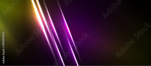 Abstract light streaks, vibrant colors blend. Diagonal lines create dynamic visual effect. Dark background emphasizes luminosity.