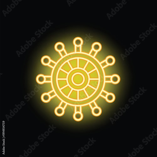 Neon sign representing a ship steering wheel, ideal for illustrating concepts such as navigation or travel